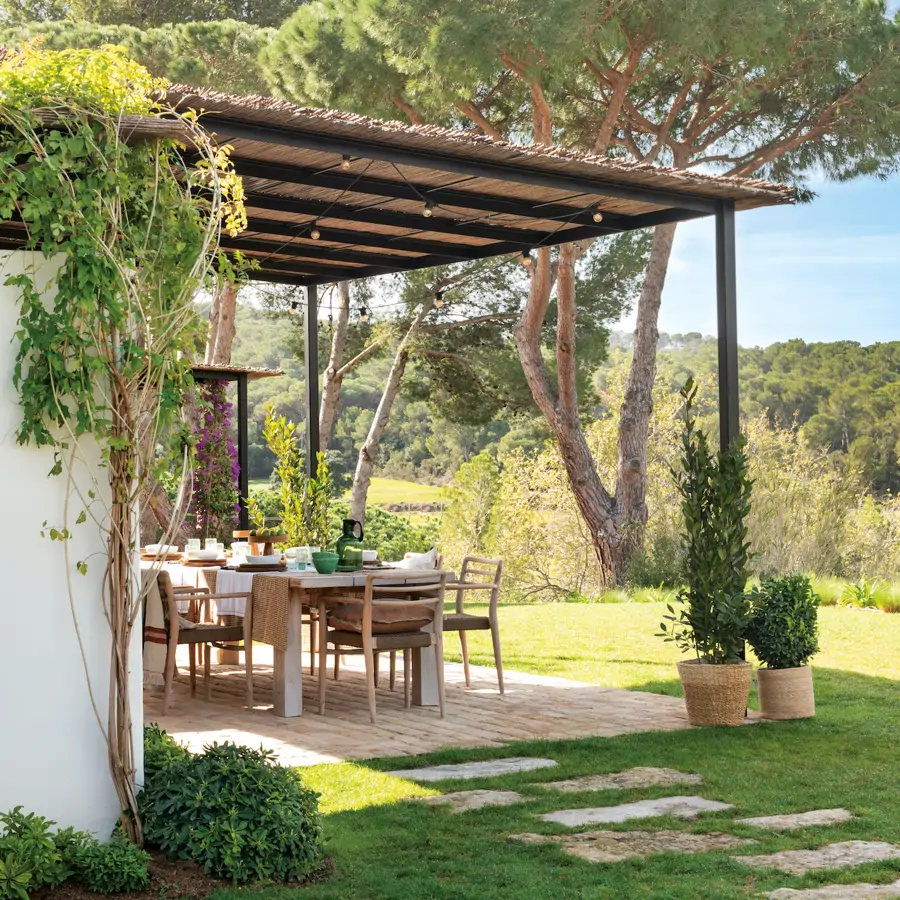 Outdoor terrace and garden with Mediterranean trees